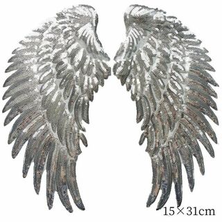 2枚セット　ワッペンアイロン　シルバー　キラキラ翼　スパンコール　銀の羽　縁ない