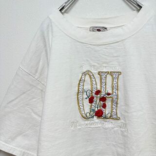 ビンテージ　古着　USA製　OHIO 刺繍ロゴ　メンズ　半袖　tシャツ　白　L(Tシャツ/カットソー(半袖/袖なし))