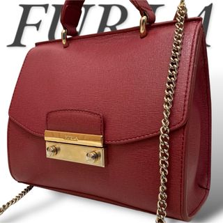 フルラ(Furla)の美品 フルラ ショルダーバッグ ゴールドチェーンバッグ 赤系 斜め掛け(ショルダーバッグ)