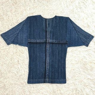 プリーツプリーズイッセイミヤケ(PLEATS PLEASE ISSEY MIYAKE)の極美品 PLEATS PLEASE デニム転写 変形袖 切り替え イッセイミヤケ(シャツ/ブラウス(半袖/袖なし))