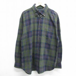 トミーヒルフィガー(TOMMY HILFIGER)のXL★古着 トミーヒルフィガー TOMMY HILFIGER 長袖 ブランド シャツ メンズ ワンポイントロゴ 大きいサイズ コットン ボタンダウン 緑他 グリーン チェック 24may31 中古 トップス(シャツ)