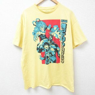 XL★古着 半袖 Tシャツ メンズ アニメ 僕のヒーローアカデミア 緑谷出久 グリーン デク コットン クルーネック 黄 イエロー 24may31 中古(Tシャツ/カットソー(半袖/袖なし))