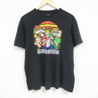 L★古着 半袖 Tシャツ メンズ ゲーム ニンテンドー スーパーマリオブラザーズ コットン クルーネック 黒 ブラック 24may31 中古(Tシャツ/カットソー(半袖/袖なし))