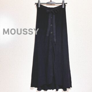 マウジー(moussy)のMOUSSY マウジー　ロング スカート ニット ボタン リボン フレア 黒(ロングスカート)