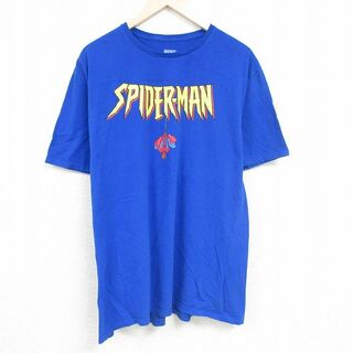 マーベル(MARVEL)のXL★古着 半袖 Tシャツ メンズ マーベル スパイダーマン 大きいサイズ コットン クルーネック 青 ブルー 24may31 中古(Tシャツ/カットソー(半袖/袖なし))