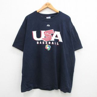 マジェスティック(Majestic)のXL★古着 マジェスティック 半袖 ビンテージ Tシャツ メンズ 00年代 00s WBC 野球 USAチーム デレクジーター 2 大きいサイズ コットン クルーネック 紺 ネイビー メジャーリーグ ベースボール 【spe】 24may31 中古(Tシャツ/カットソー(半袖/袖なし))