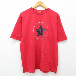 XL★古着 半袖 ビンテージ Tシャツ メンズ 00年代 00s 星 コットン クルーネック 赤 レッド 24may31 中古(Tシャツ/カットソー(半袖/袖なし))