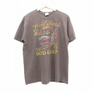 L★古着 半袖 ビンテージ Tシャツ メンズ 00年代 00s オオカミ コットン クルーネック 茶 ブラウン 24may31 中古(Tシャツ/カットソー(半袖/袖なし))