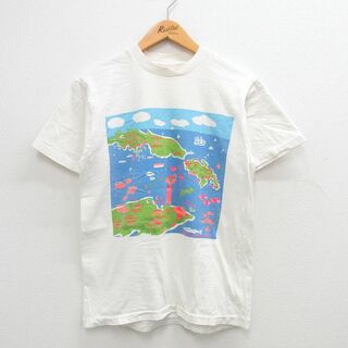 フルーツオブザルーム(FRUIT OF THE LOOM)のM★古着 フルーツオブザルーム 半袖 ビンテージ Tシャツ メンズ 80年代 80s 地図 セントトーマス 船 コットン クルーネック USA製 白 ホワイト 24may31 中古(Tシャツ/カットソー(半袖/袖なし))