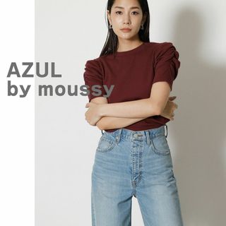 アズールバイマウジー(AZUL by moussy)のAZUL by moussy　カットソー　リブ　赤紫　半袖　クルーネック　パフ袖(カットソー(半袖/袖なし))