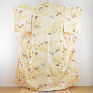 小紋 ポリエステル 袷 広衿 江戸の人物 薄黄色 洗える着物 カジュアル 仕立て上がり 身丈154cm(着物)