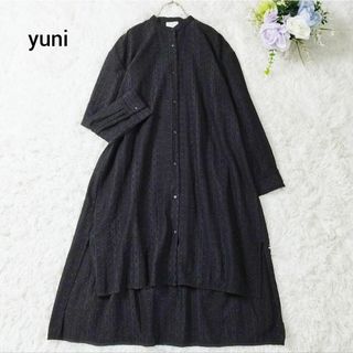 ユニ(yuni)の美品　yuni　ユニ　シャツワンピース　ロング 刺繍　バンドカラー　シルク混　黒(ロングワンピース/マキシワンピース)