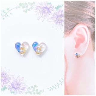 ブルー×ホワイトバイカラー8mmハートピアス/イヤリング(ピアス)