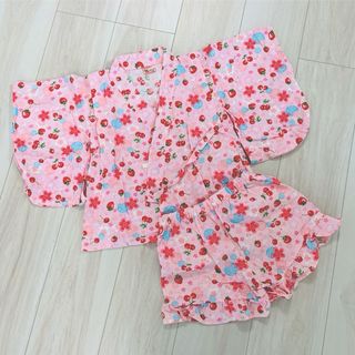 美品 120cm 女の子 甚平 セパレート浴衣 さくらんぼ いちご 桜 ピンク(甚平/浴衣)