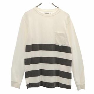 アイディーデイリーウェア 日本製 ボーダー柄 長袖 Tシャツ S 白×グレー ID DAILYWEAR ロンＴ 胸ポケット カットソー メンズ(Tシャツ/カットソー(七分/長袖))