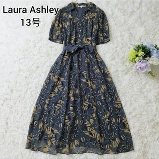 LAURA ASHLEY - 良品　ローラアシュレイ　花柄シャツワンピース　リボン　Aライン　13号　XL