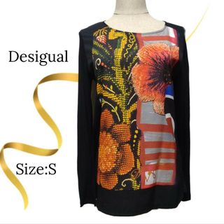 デシグアル(DESIGUAL)の★美品★Desigual　デシグアル　プリントカットソー　長袖　ブラック　黒(Tシャツ(長袖/七分))