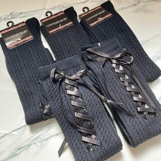 5足セット ニーハイソックス リボン 靴下 ロング 編み 透け 23〜25cm(ソックス)