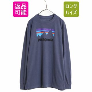 パタゴニア(patagonia)の18年製 パタゴニア プリント 長袖 Tシャツ メンズ L / 古着 Patagonia ロンT ロゴT グラフィック ステッカー ロゴ ロングスリーブ ネイビー(Tシャツ/カットソー(七分/長袖))