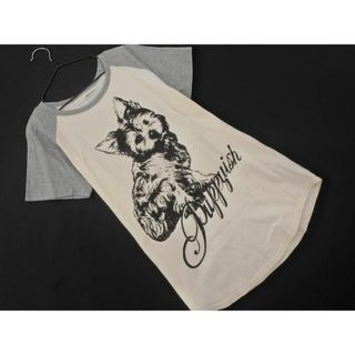 ミスティウーマン(mysty woman)のmysty woman ミスティウーマン 犬 プリント ラグラン Tシャツ sizeM/オフホワイトｘグレー ■◆ レディース(Tシャツ(半袖/袖なし))