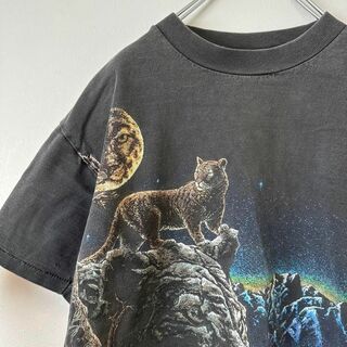 90s ビンテージ　古着　USA製　アニマルプリント　メンズ　半袖tシャツ　炭黒(Tシャツ/カットソー(半袖/袖なし))