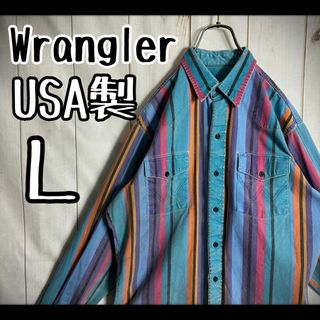 ラングラー(Wrangler)の【希少デザイン】　ラングラー　ウエスタンシャツ　USA製　マルチストライプ　L(Tシャツ/カットソー(七分/長袖))