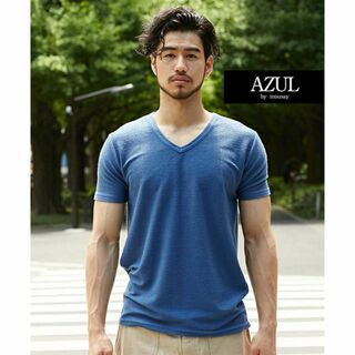 アズールバイマウジー(AZUL by moussy)のAZUL BY MOUSSY Vネック Tシャツ 杢スラブタック天竺 L ブルー(Tシャツ/カットソー(半袖/袖なし))