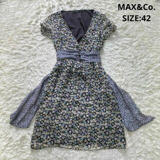マックスアンドコー(Max & Co.)のMAX&Co 花柄 シルク ワンピース リボン フリル袖 フラワー サイズ42(ひざ丈ワンピース)