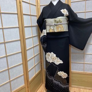 ［9761］訪問着 美品 辻ヶ花 手描き 絞り 黒地 逸品 正絹 着物 袷(着物)