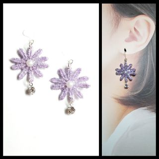 No.531-B　布フラワー☆ピアス・イヤリング(パープル)シルバー(ピアス)