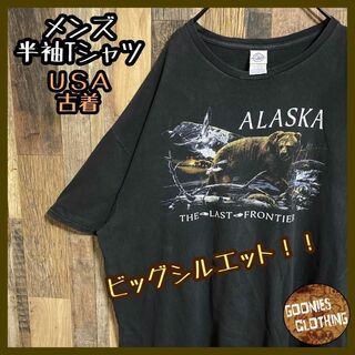 アラスカ アメリカ アニマル ベアー 熊 鳥 Tシャツ 黒 USA古着 半袖(Tシャツ/カットソー(半袖/袖なし))
