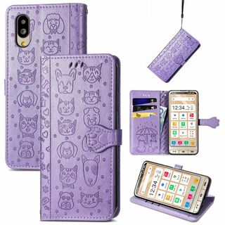 【色:purple】シンプルスマホ6 ケース 手帳型 対応 可愛い 猫 犬 スマ(その他)
