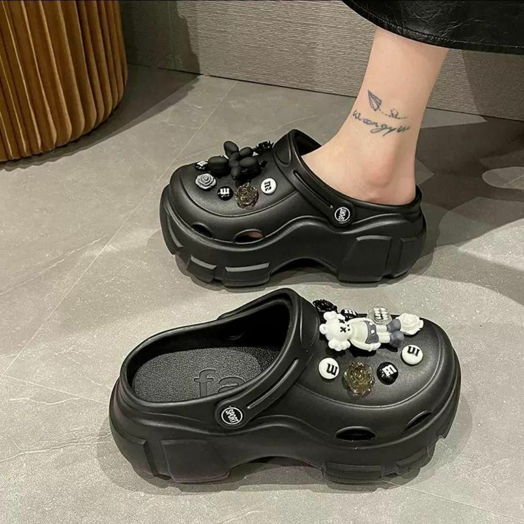 黒6cm】23.5 厚底サンダル クロックス風 サンダル フラット 黒6cm】23.5 厚底サンダル クロックス風 サンダル フラット