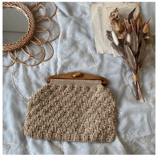 vintage昭和レトロヴィンテージused木製がまぐち編み込みハンドバッグ