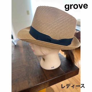 グローブ(grove)の美品【grove】 ストローハット　ベージュ　黒リボン　レディース　麦わら(麦わら帽子/ストローハット)