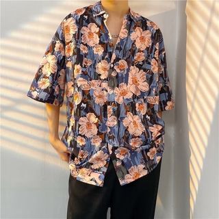 シャツ　ＸＬ　韓国　ユニセックス　オーバーサイズ　柄シャツ　人気　花柄　レトロ　(シャツ)