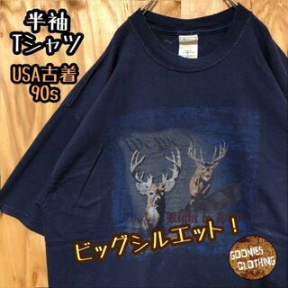 動物 シカ アニマル 90s XL 半袖 ネイビー Tシャツ ネイビー ブルー(Tシャツ/カットソー(半袖/袖なし))