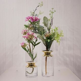 フラワーベース 2個セット 造花付き 花瓶 ガラス オブジェ (花瓶)