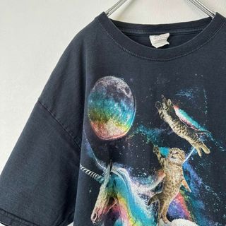 ビンテージ　古着　アニマル　宇宙　スペース　メンズ　半袖tシャツ　黒　Lサイズ(Tシャツ/カットソー(半袖/袖なし))