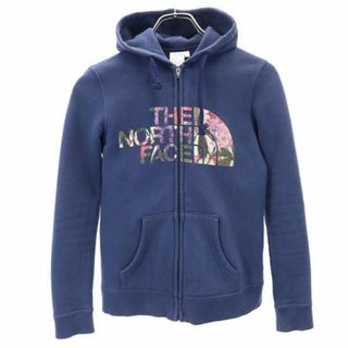 ザノースフェイス(THE NORTH FACE)のノースフェイス ロゴプリント 長袖 ジップパーカー S 紺 THE NORTH FACE アウトドア コンパクト ウインドシェル レディース(パーカー)