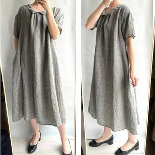 美品✨麻100 濃いめグレー　ちび衿　フレア　ロングワンピース　ゆったり　薄手(ロングワンピース/マキシワンピース)