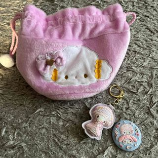 マイメロディ(マイメロディ)のサンリオ　こぎみゅん　巾着　 キーホルダー　缶バッジ　刺繍　一番くじ　ピンク(キャラクターグッズ)