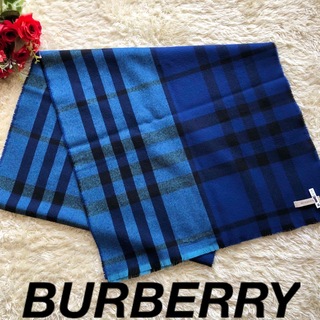 BURBERRY - BURBERRY♪バーバリー　チェックマフラー　ショール　ブルー　大判　