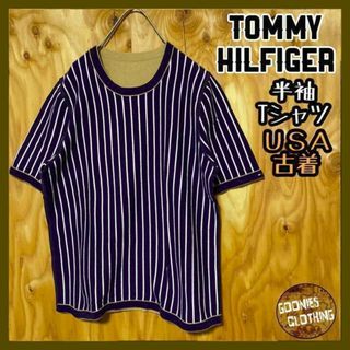 トミーヒルフィガー ストライプ USA古着 90s 半袖 Tシャツ ネイビー(Tシャツ(半袖/袖なし))