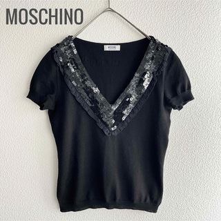 モスキーノ(MOSCHINO)のモスキーノスパンコール装飾 半袖Vネック サマーニット サマーウール(ニット/セーター)