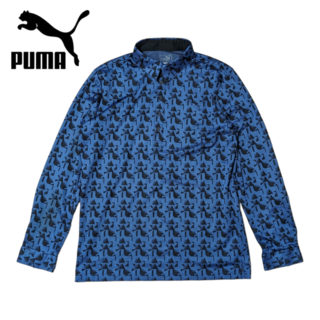プーマ(PUMA)のy2k PUMA GOLF ブルー ブラック 幾何学 総柄 長袖ポロシャツ(Tシャツ/カットソー(七分/長袖))