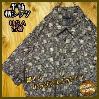 幾何学模様 柄シャツ USA古着 90s 総柄 半袖 レーヨン カジュアル(シャツ)