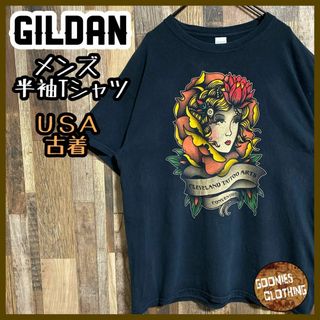 アート ギルダン タトゥー メンズ ビッグプリント L USA古着半袖 Tシャツ(Tシャツ/カットソー(半袖/袖なし))