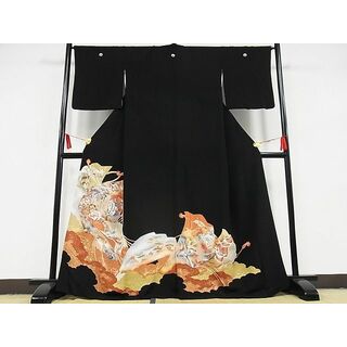 平和屋-こころ店■豪華黒留袖　駒刺繍　御所車飛鶴花文　暈し染め　金彩　正絹　逸品　AAAE3757Bzg(着物)