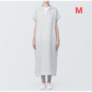 ムジルシリョウヒン(MUJI (無印良品))の無印良品  リネン　洗いざらしスキッパーカラー半袖ワンピース M・ストライプ(ロングワンピース/マキシワンピース)